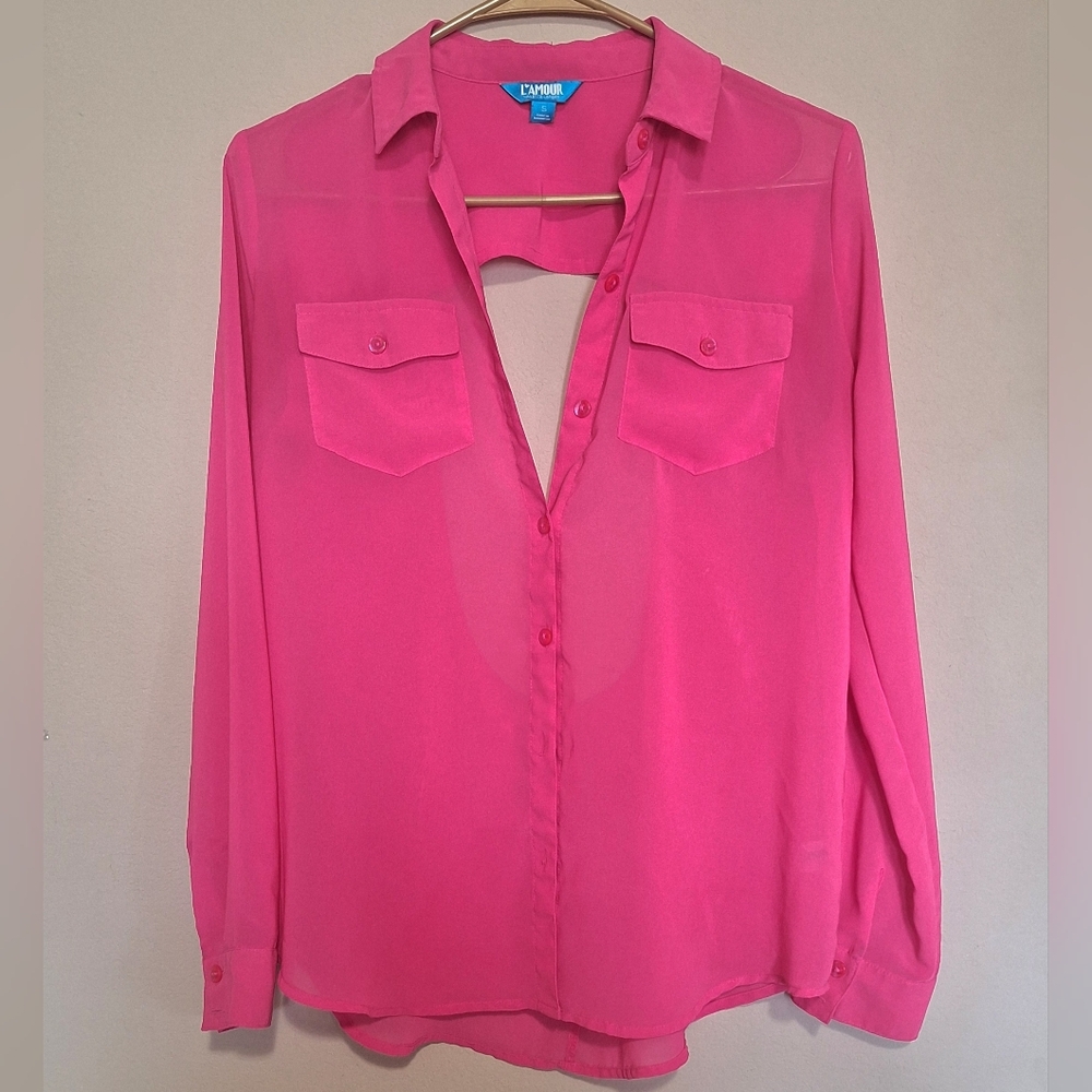 L'Amour Fuchsia Hot Pink Open Back Button-Down Blouse Barbie Sheer Retro